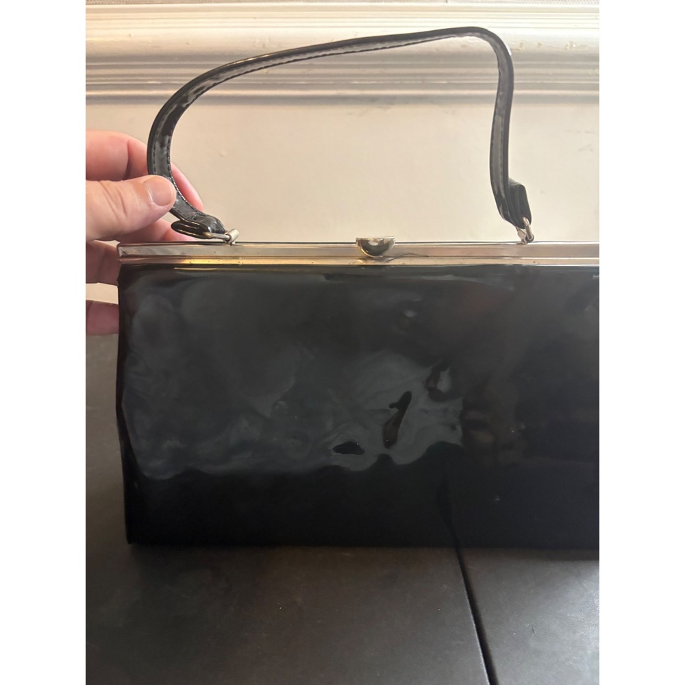 Vintage Dover Black Patent Leather Handbag Kiss Lock Frame Bag Made in USA